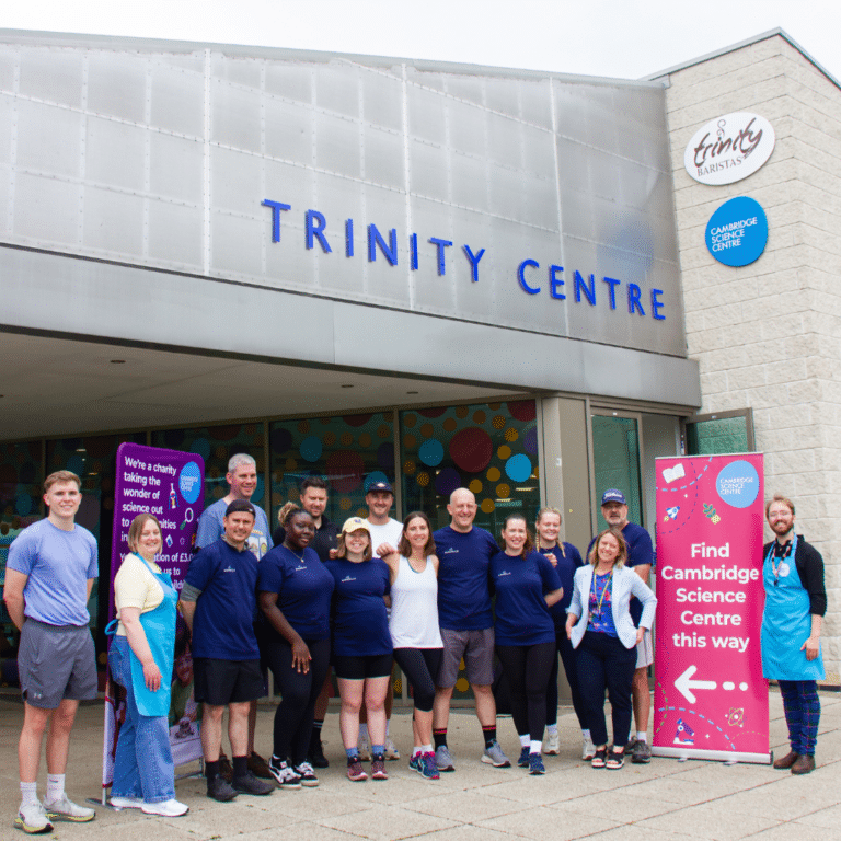 Walkers outside Cambridge Science Centre welcomed by Science Communicators