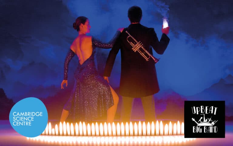 Musician with trumpet strapped across back and tango dancer, in front of flames with logos of Cambridge Science Centre and Upbeat Big Band