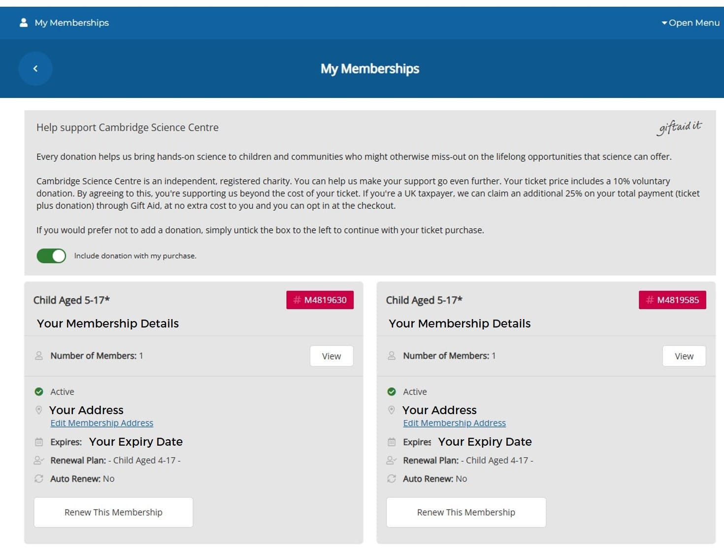 Memberships overview with View and Renewal buttons
